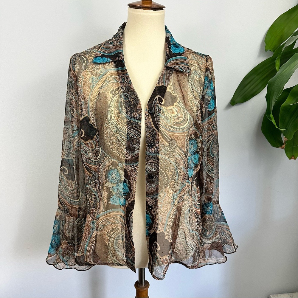 Bohemian Multicolor Paisley Sheer Blouse, Bell Sleeve Whimsigoth, 90’s B1